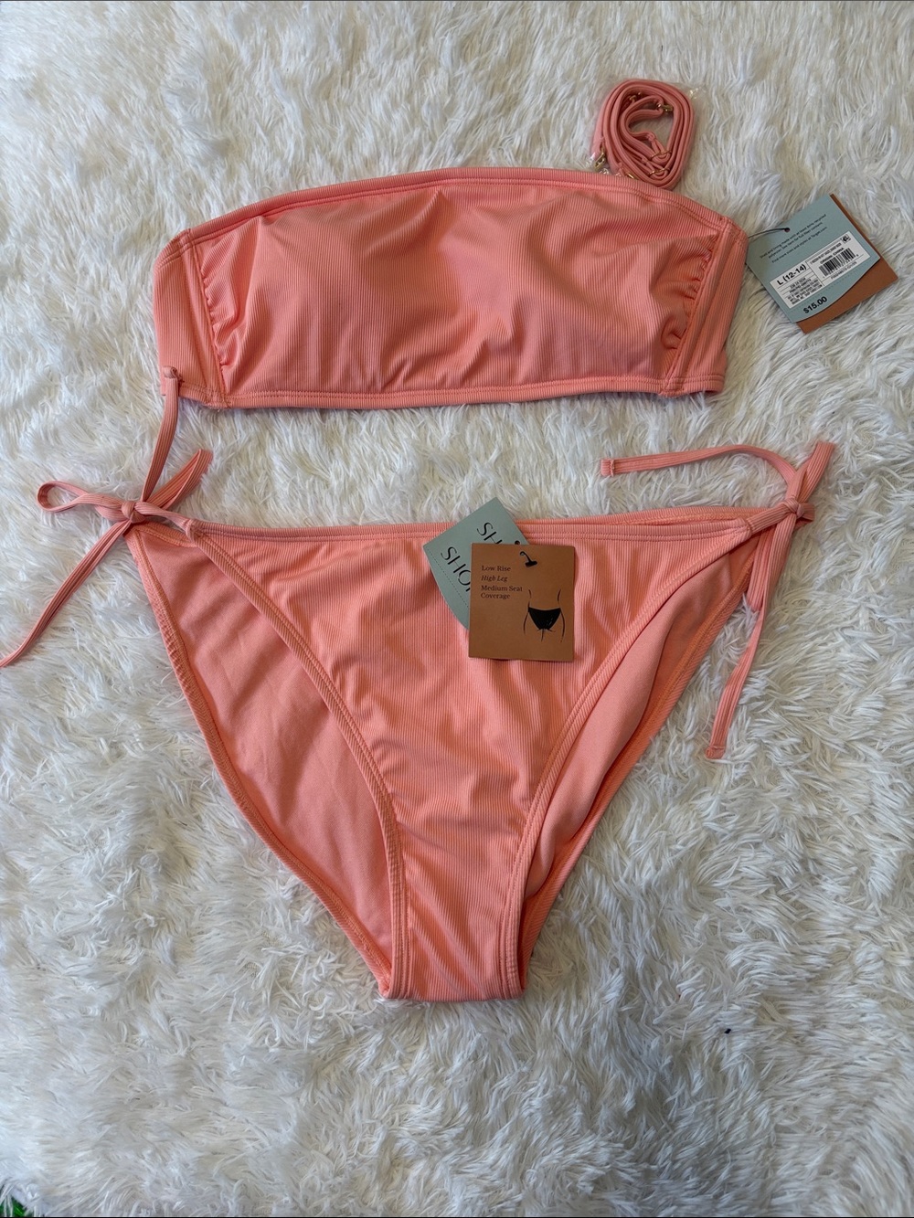 NWT Shade & Shore Light Pink Ribbed 2 Piece Swim Set Top Size L Bottoms Size XL